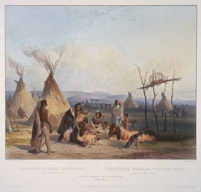 Funerale di un capo Sioux vicino a Fort Pierre, inciso da J. Hurliman, pubblicato nel 1839 da Karl Bodmer